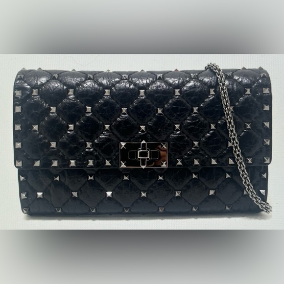 Valentino Garavani Handbags - VALENTINO GARAVANI Rockstud Spike Quilted Calf Leather Shoulder Bag Black AUTH